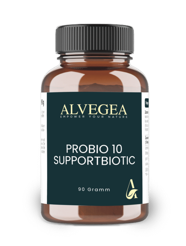 Braunglas-Dose mit dem Etikett „ALVEGEA Probio 10 Supportbiotic“, einem natürlichen Probiotikum in Pulverform